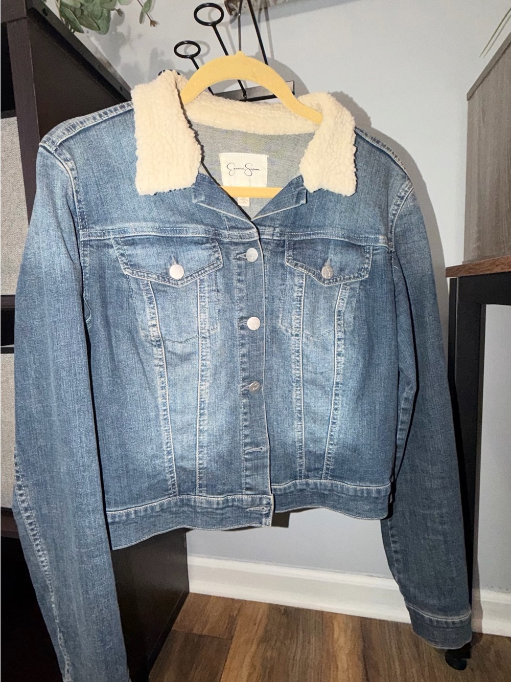 Jessica Simpson Light Blue Denim Jacket with Cream Sherpa Collar